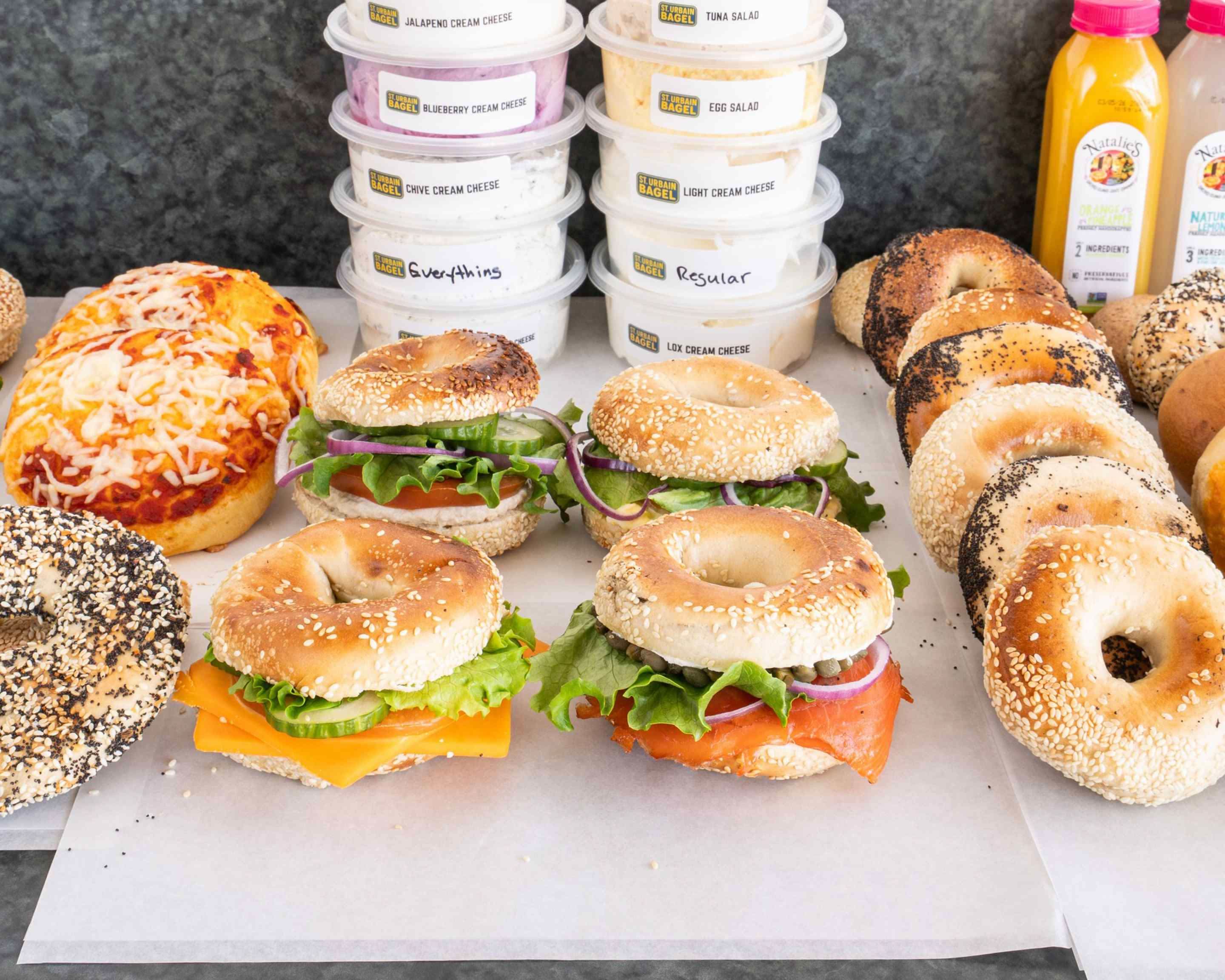 Fresh Montreal-style bagel sandwiches and cream cheese